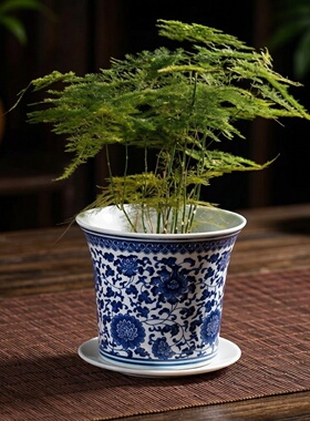 雨彤 青花瓷陶瓷花盆圆形中式古典田园风植物种植盆栽装饰 送托盘