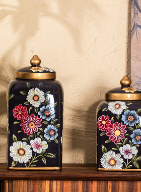 陶瓷器欧式描金绘画太阳花陶瓷罐