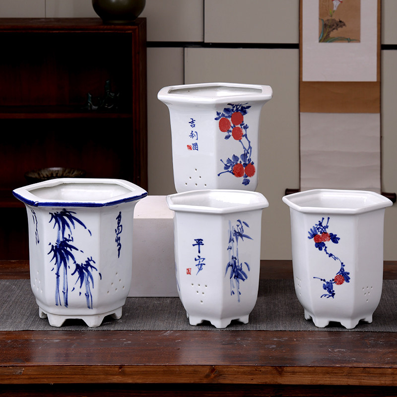 六方兰花盆手绘写意陶瓷吊兰精品悬崖客厅盆陶瓷吊兰绿萝多肉花盆