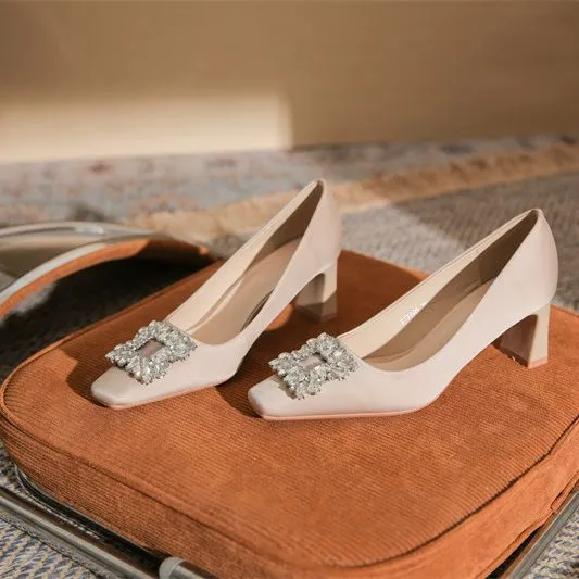 7605-12 经典绸缎面水钻方头粗跟高跟鞋女2023时尚简约女鞋6CM3CM