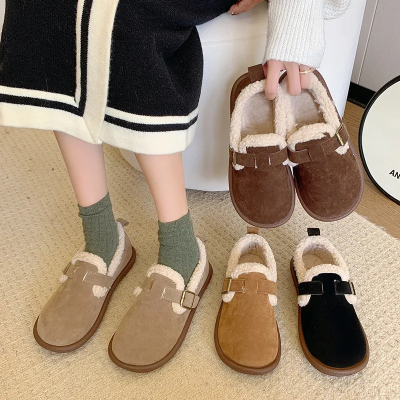 勃肯鞋女加绒保暖女鞋2023年冬季新款豆豆鞋平底毛毛鞋孕妇鞋棉鞋