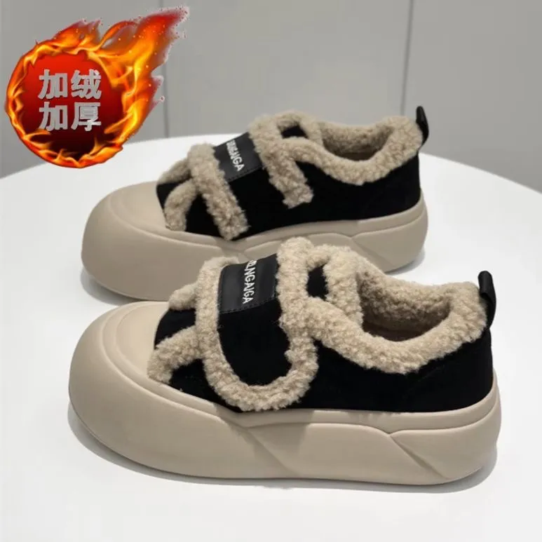 魔术贴棉鞋女冬加绒加厚2025冬季新款厚底防滑一脚蹬乐福鞋面包鞋