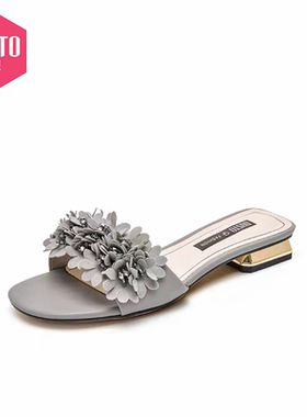 大东2025新款夏季休闲时尚仙女低跟花朵珠饰露趾套脚凉拖女X3475A