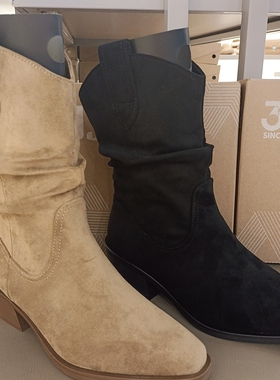 大东尖头短靴女2025新款秋冬瘦瘦靴高跟褶皱堆堆复古西部靴002151