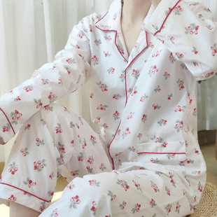 清新小碎花睡衣女士全棉薄款 100%纯棉斜纹棉布春夏长袖 翻领家居服