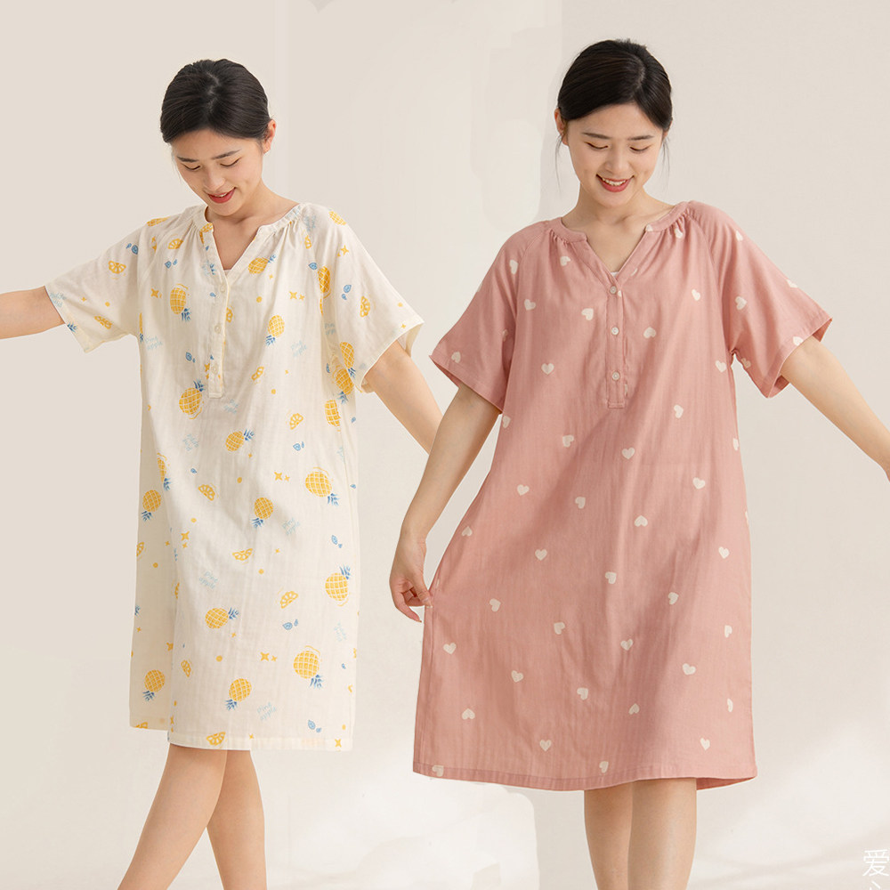 女士双层纱布V领睡裙纯棉夏季