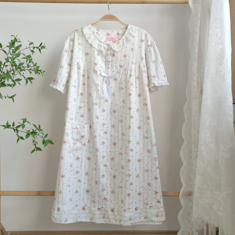 纯棉睡裙清爽小碎花女夏季薄款中长款睡衣家居服大码妈妈全棉短袖