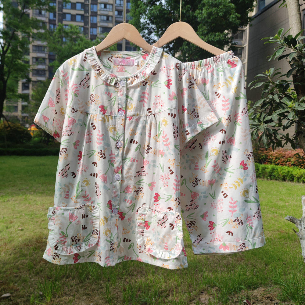 100%全棉梭织棉布睡衣女夏季薄款短袖中裤套装田园圆领对襟家居服