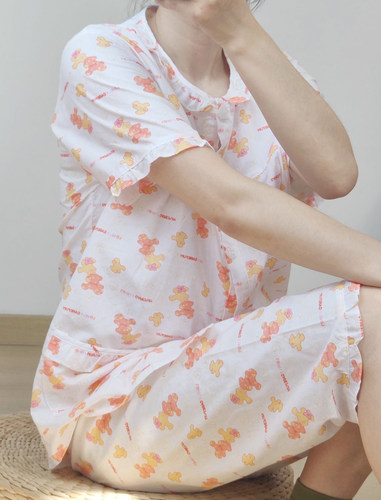 纯棉棉布睡衣女夏短袖五分裤全棉家居服梭织棉布薄款大码可爱小熊