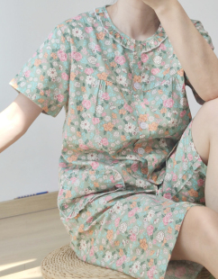 薄款 家居服全棉中老年套装 短裤 纯棉梭织斜纹棉布妈妈睡衣女夏短袖