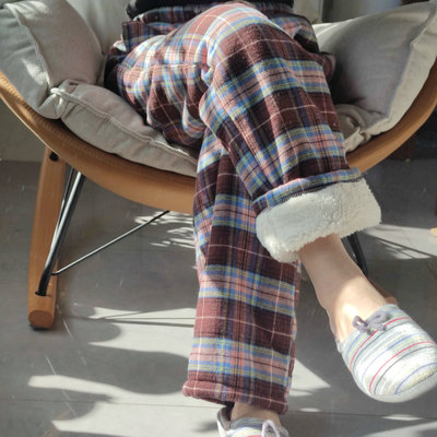 冬季加厚睡裤女羊羔绒暖暖裤纯棉磨毛绒布一体绒宽松直筒家居长裤