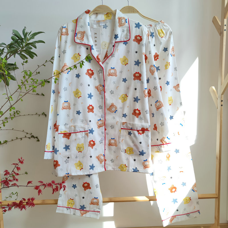 女士斜纹长袖薄款梭织纯棉布睡衣