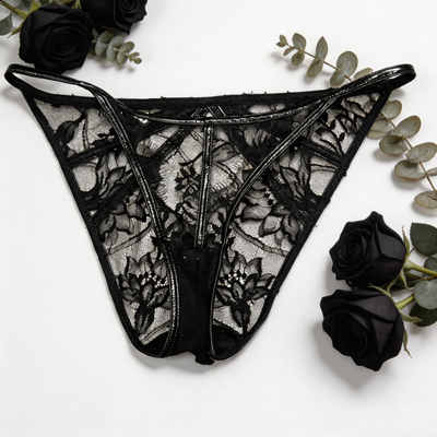 英奢Agent provocateur睫毛边Alyss黑色pu拼皮内裤性感开口三角裤