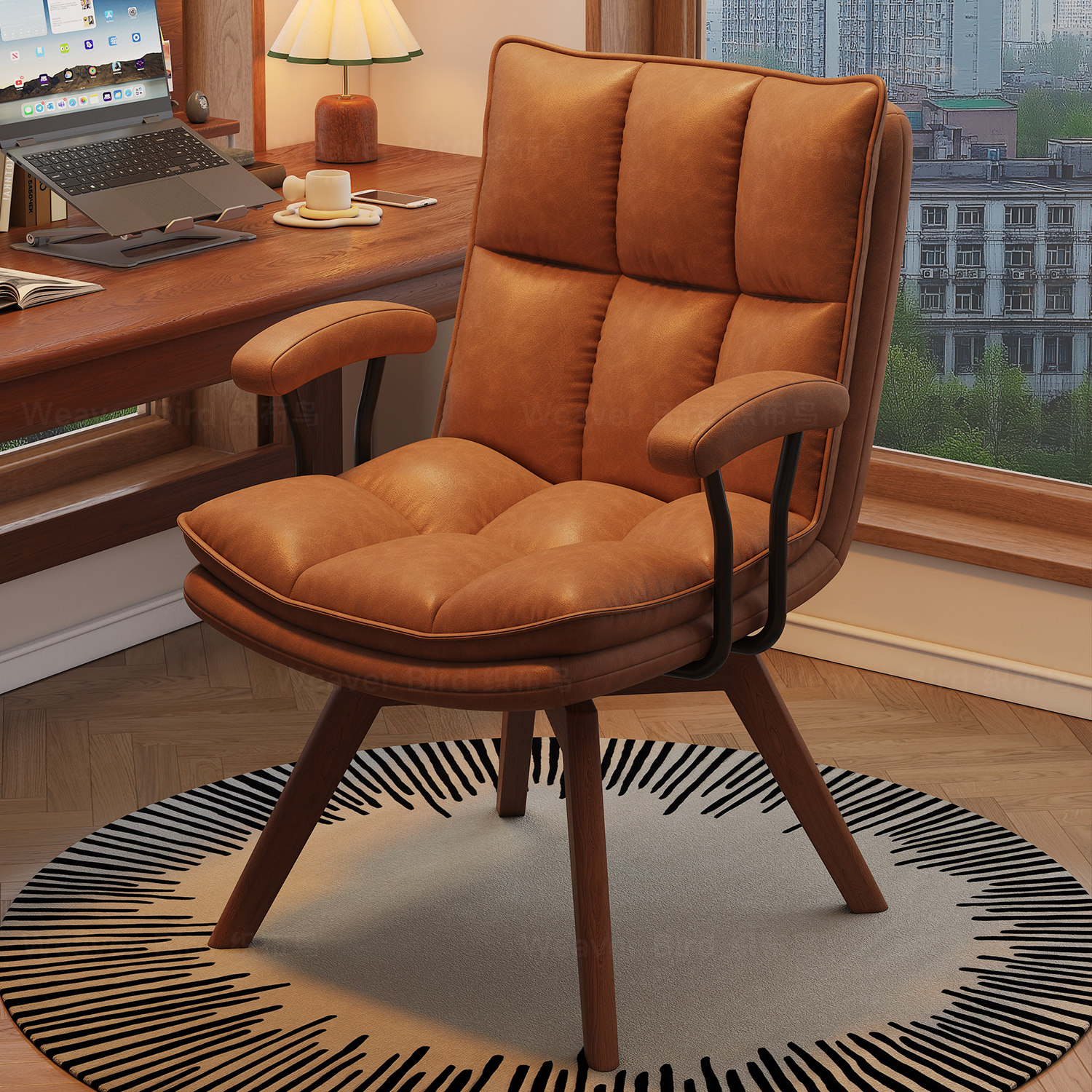 实木电脑椅可旋转办公软包老板椅舒适久坐靠背学习书桌椅子化妆凳