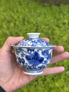 景雅柴窑 景德镇高温青花瓷全手工手绘西番莲二才盖碗盖下110ml