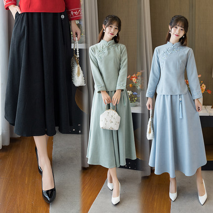 6288#实拍秋冬民族风新款绒面流苏吊坠大摆纯色A字裙中长款半身裙