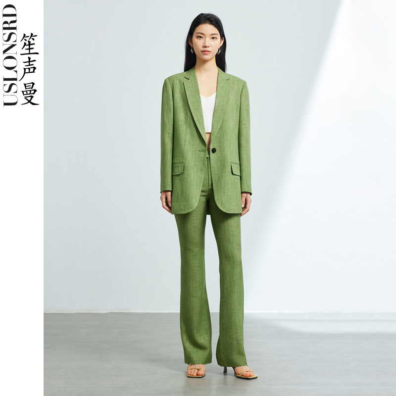 笙声曼直条纹西装外套绿色套装ol