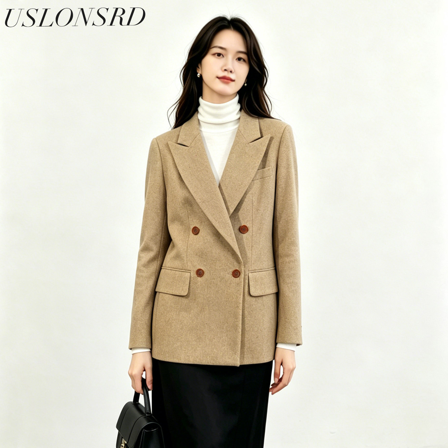 Uslonsrd笙声曼羊毛西装双排扣外套宽松休闲长袖学究感毛呢ol定制