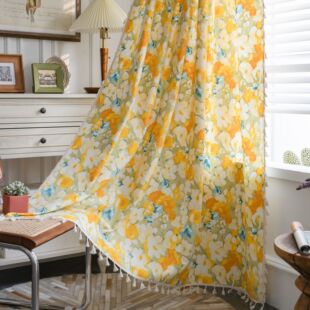 田园花朵黄色美式乡村客厅落地阳台飘窗帘成品厨房帘半遮光厨房帘