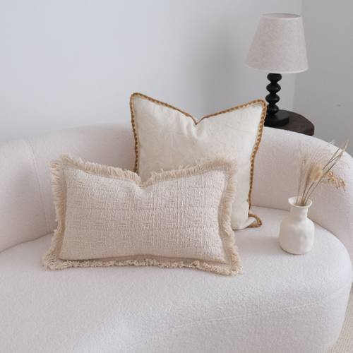 卡其色花边包边抱枕侘寂风流苏腰枕抱枕套沙发靠垫民宿棉麻靠