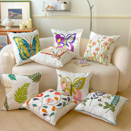 毛巾绣抱枕套花朵刺绣不含芯田园风靠垫家居床头办公室沙发腰