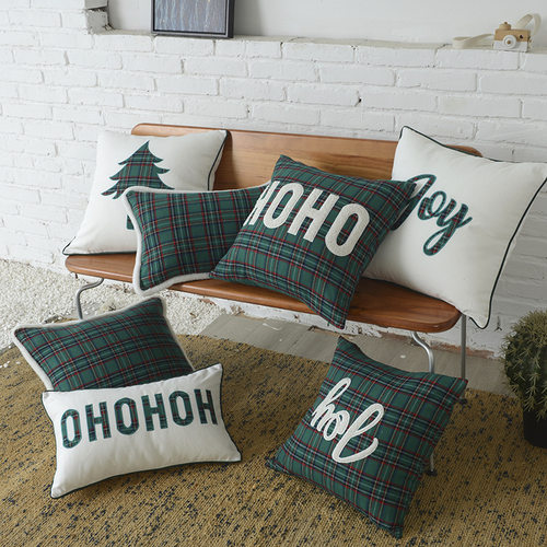 涤棉帆布圣诞绿格子绣花包边毛毛边贴布绣抱枕靠枕靠垫套