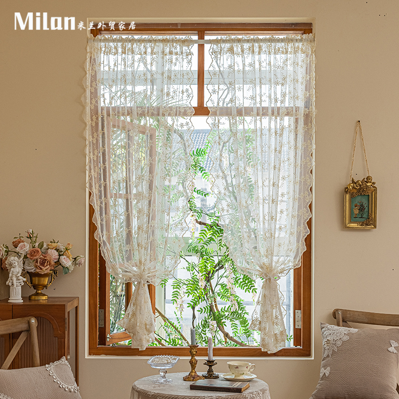 法式免打孔短帘刺绣遮挡小窗户门帘隔断帘魔术贴蕾丝纱帘杏色