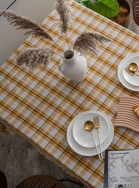 北欧黄色格子复古英伦风小圆桌布氛围高级感餐桌布茶几长方形台布