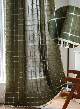 摩尔方格军绿色免打孔美式复古拼色撞色半遮光客厅阳台厨房飘窗帘