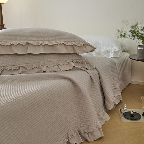 外贸韩国高温砂洗绗缝夹棉花边纯色床盖三件套双面全棉榻榻米