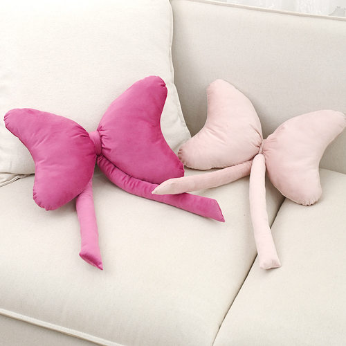 ins蝴蝶结飘带靠枕头枕腰靠荷兰绒透气舒适靠枕少女粉色可爱抱枕