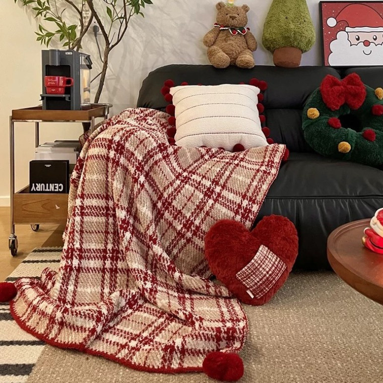 temu跨境圣诞节沙发盖毯秋冬空调房毯子格纹氛围感午睡毯装饰毯