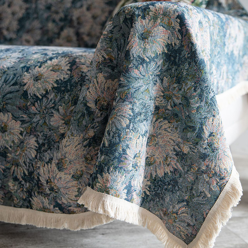 蓝色向日葵油画风莫奈复古沙发巾