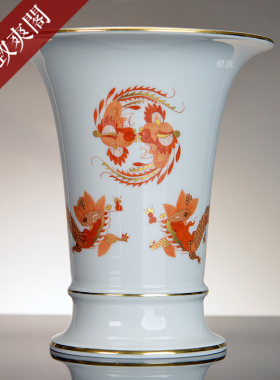 德国 MEISSEN 梅森瓷器 红色御龙 描金 台面花瓶 花觚 家居摆件