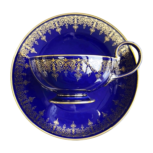 法国官窑Sevres 塞夫勒瓷器 云蓝花卉描金 Coupe型茶杯 咖啡杯碟