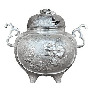 烟波 日本银器森川荣月 手工纯银制 花蝶 银香炉 香薰炉 香道香具