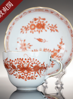 德国MEISSEN梅森瓷器 新剪裁柿红色印度花卉彩绘描金茶杯咖啡杯碟