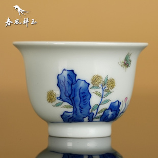 景德镇春风祥玉 景德春风祥玉款 青花山石 珐琅菊花蝶恋花 铃铛杯
