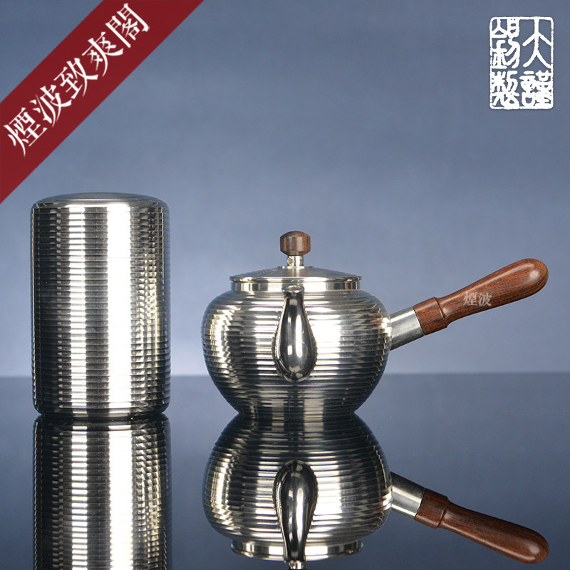 烟波 日本 大阪浪华锡器 光面糸纹 横手急须锡壶  茶叶罐 套装