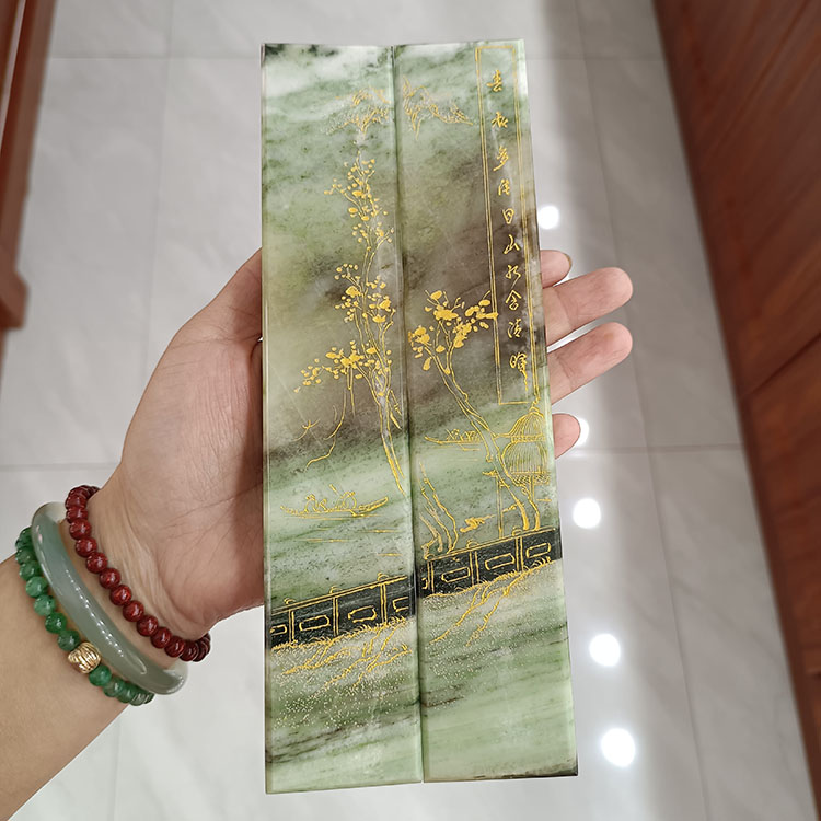 实物拍照文房四宝文房用品天然独山玉绿白原石描金精美镇尺对摆件
