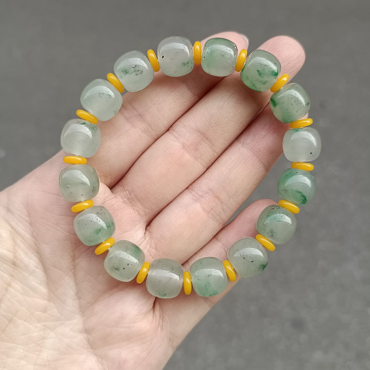 天然非洲翠独龙玉老型珠仿古珠手链10.5*9.5mm飘花阳绿冰翠串珠
