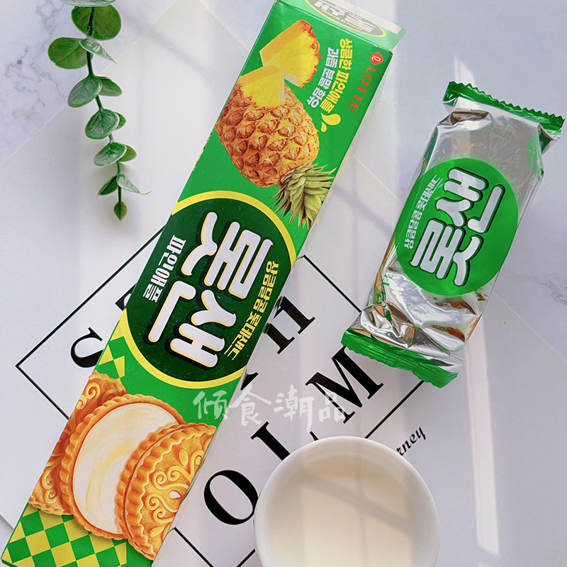 韩国进口食品LOTTE乐天菠萝味夹心薄脆饼干小圆饼105g休闲零食