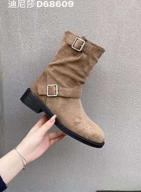 迪尼莎2024冬季新款机车风复古堆堆靴潮款弹力靴短靴68609