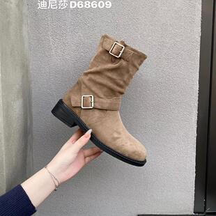 迪尼莎2024冬季新款机车风复古堆堆靴潮款弹力靴短靴68609
