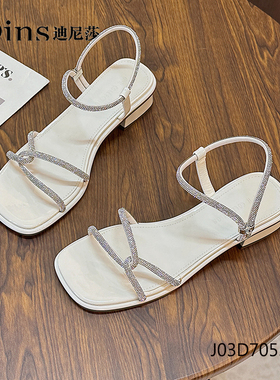 迪尼莎2025粗跟露趾水钻闪亮一脚蹬懒人凉鞋女70558