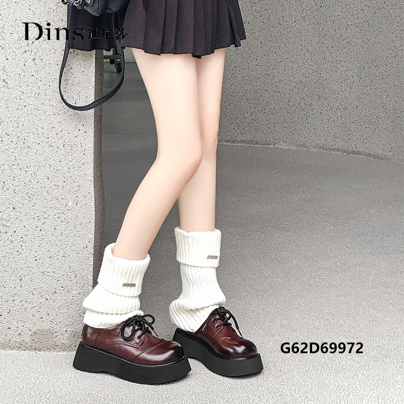 迪尼莎2025春季新款平底厚底复古系带牛皮乐福鞋单鞋女69972