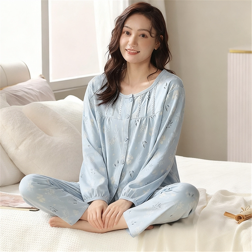 睡衣女纯棉长袖圆领开衫中年春秋