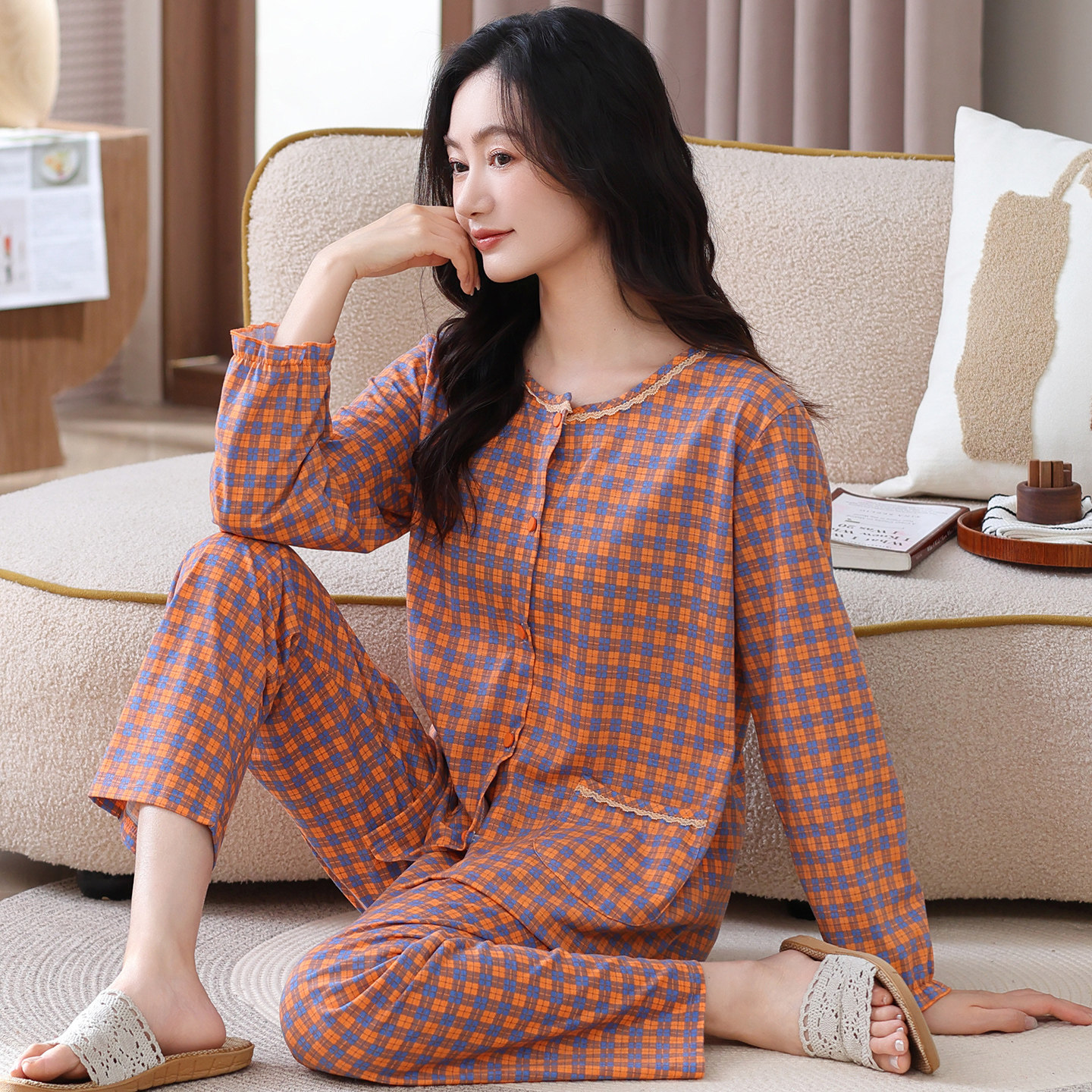 春秋无领睡衣女纯棉长袖大码宽松圆领开衫中年妈妈格子全棉家居服