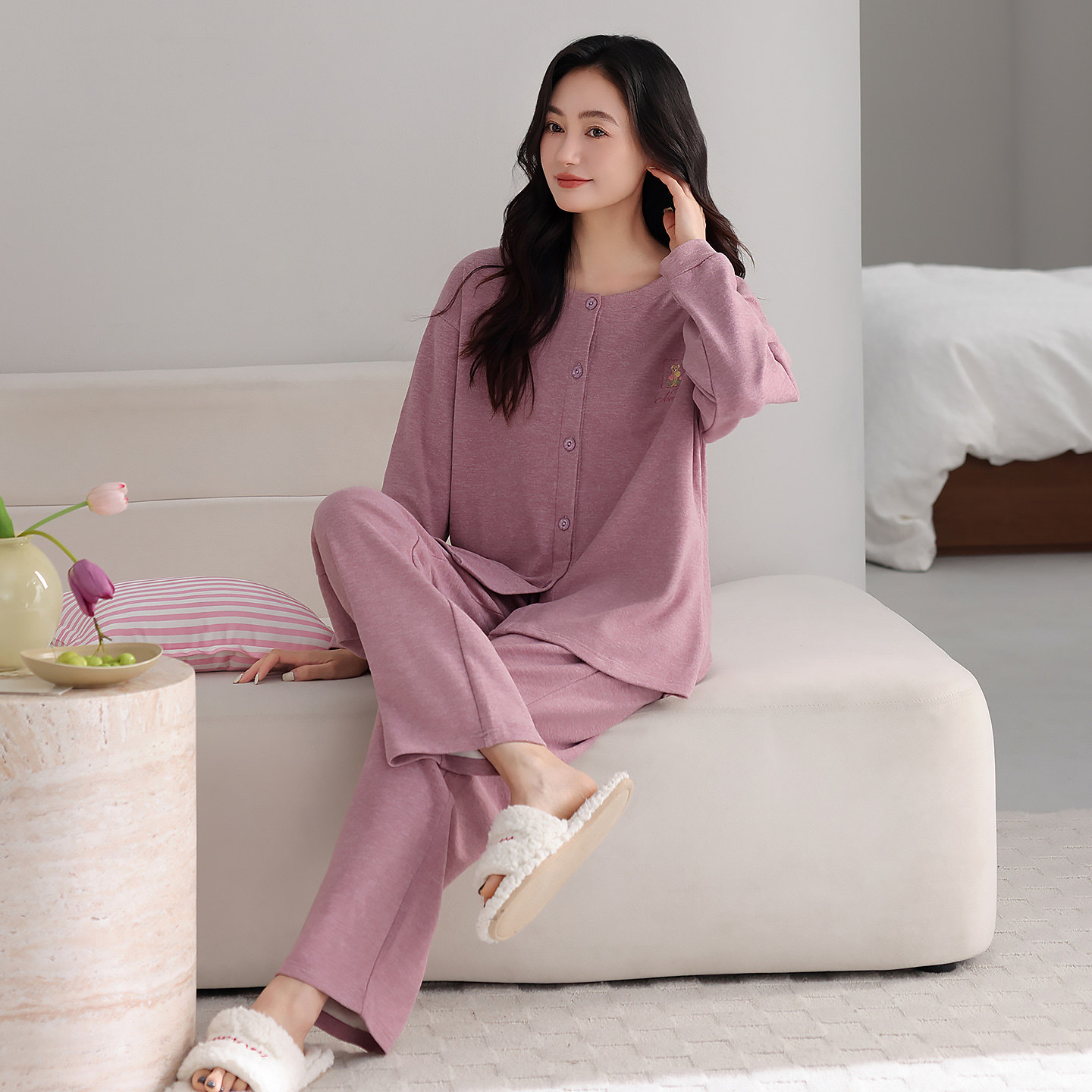德绒睡衣女加厚圆领开衫保暖秋冬图片