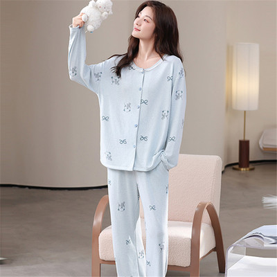 羊绒睡衣女秋冬季圆领开衫可外穿